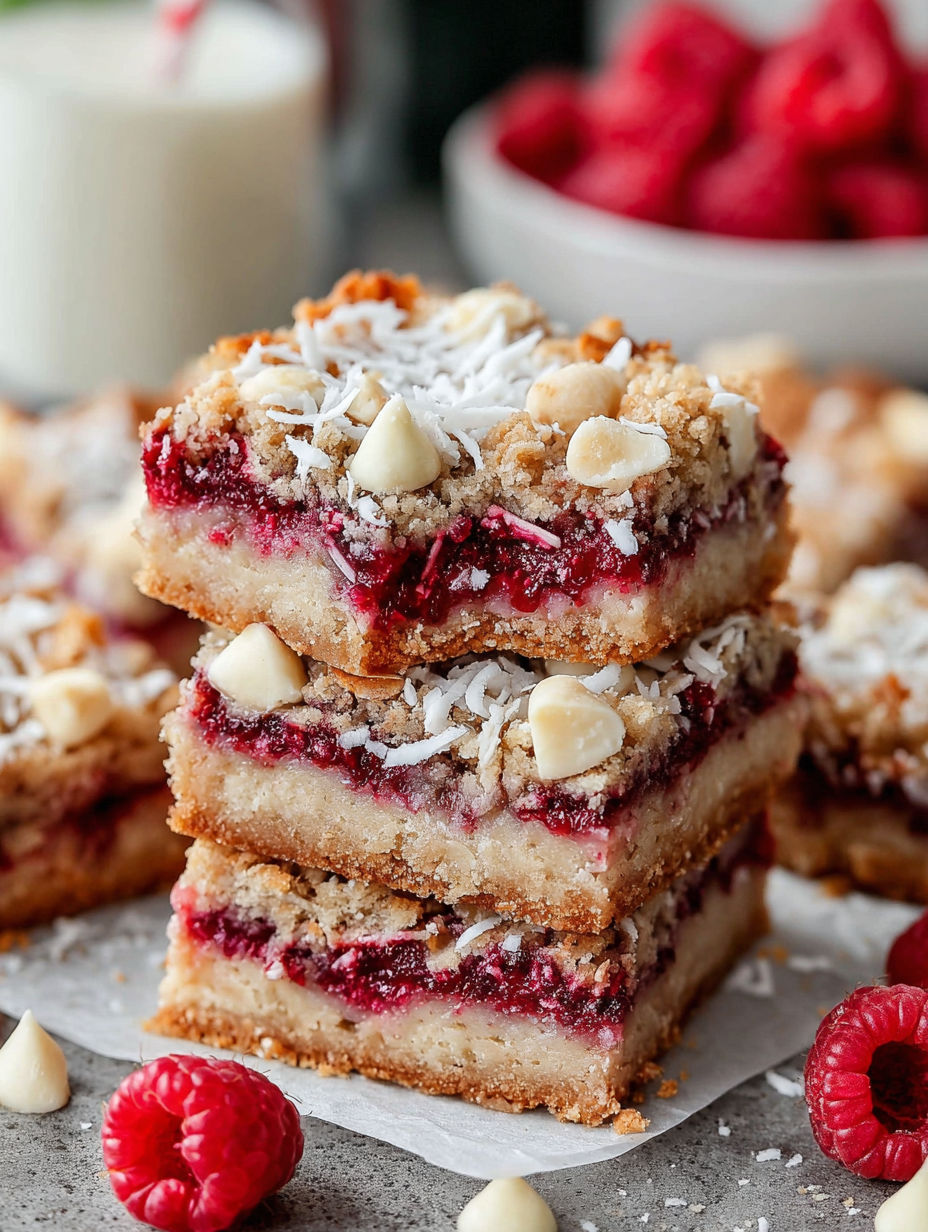 A stack of Raspberry Coconut Magic Bars.
