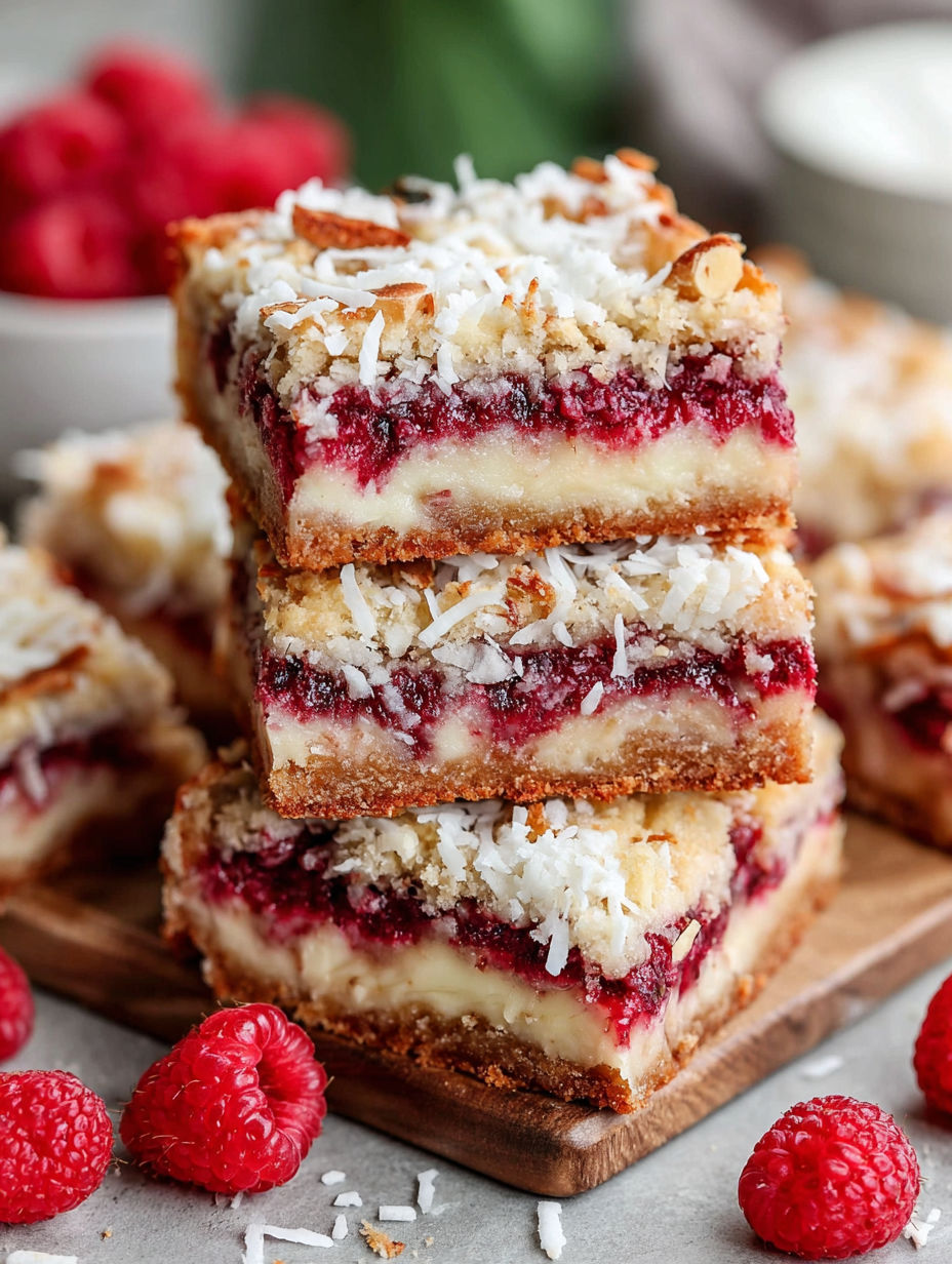 A stack of Raspberry Coconut Magic Bars.