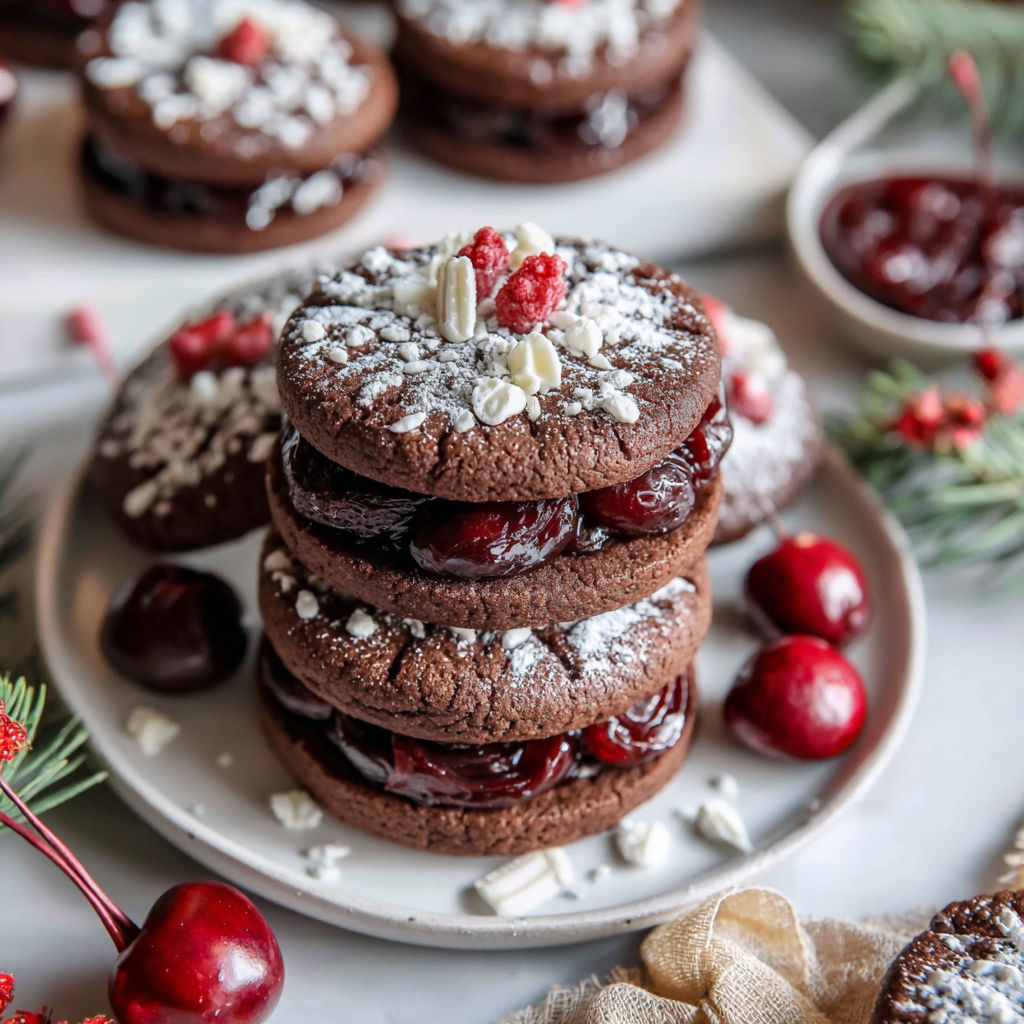 A stack of chocolate cherry cookies.