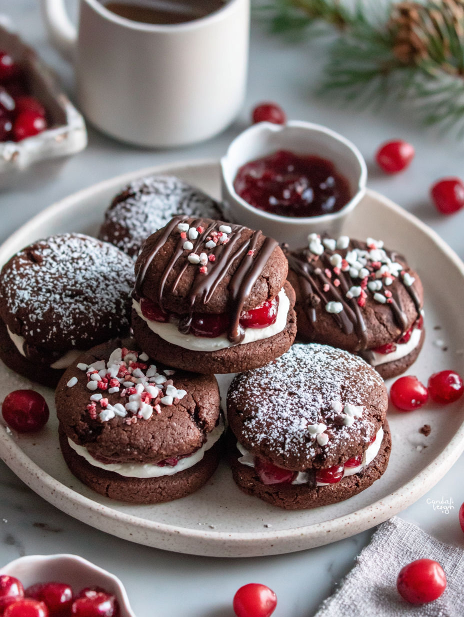 A plate of cookies with white icing and red berries.