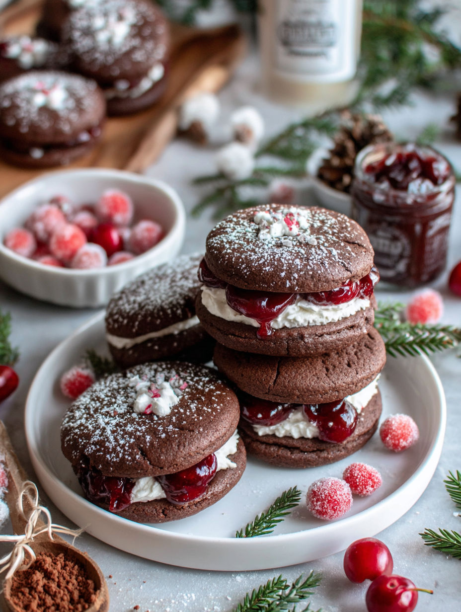 A plate of cookies with white frosting and red berries.