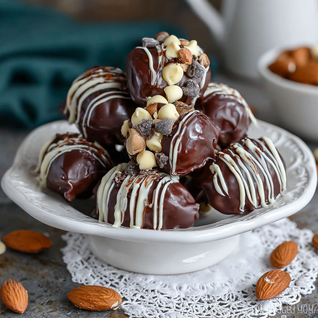 A plate of chocolate almond stuffed dates.