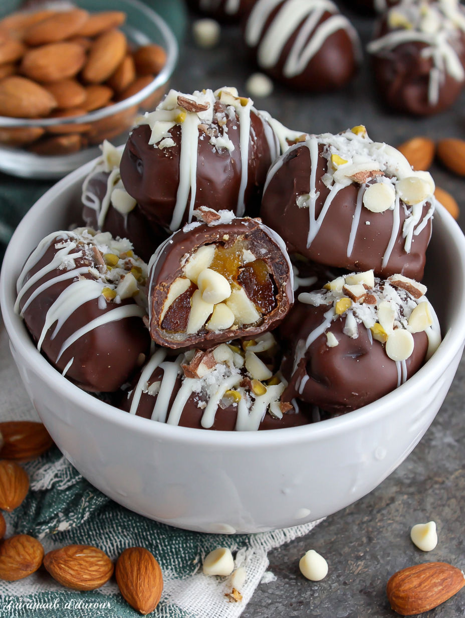 A bowl of chocolate almond stuffed dates.