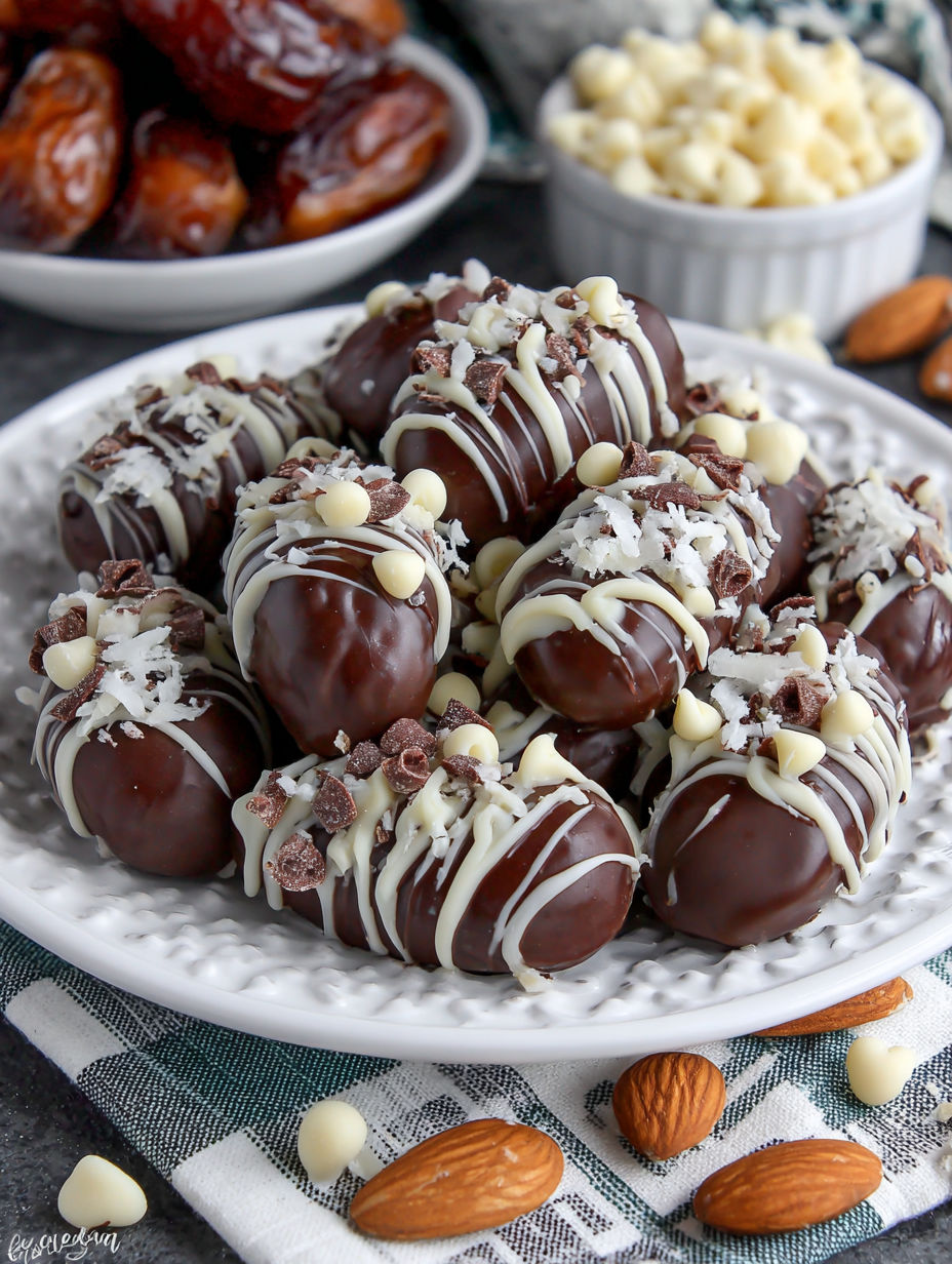 A plate of chocolate almond stuffed dates.