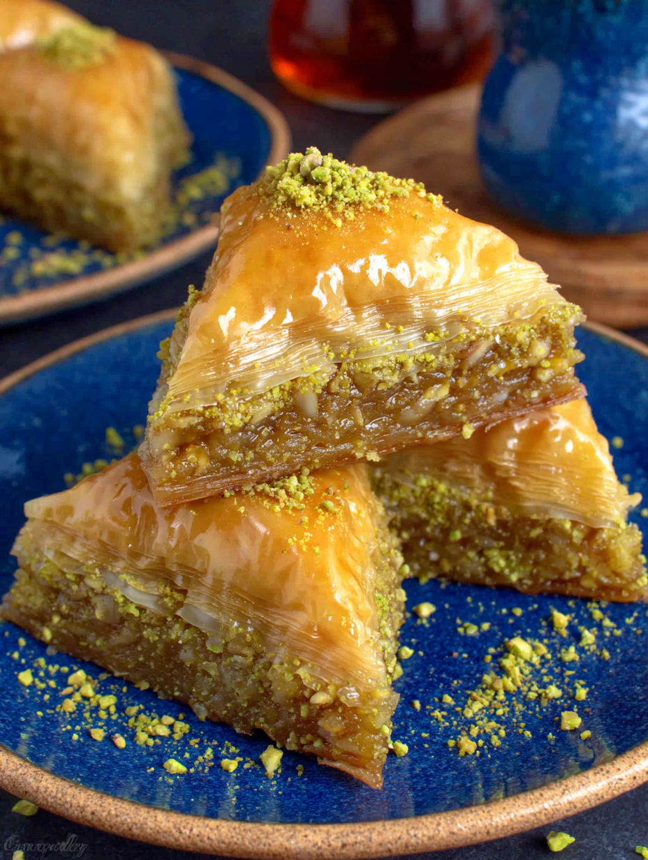 A plate with three pieces of homemade pistachio baklava.