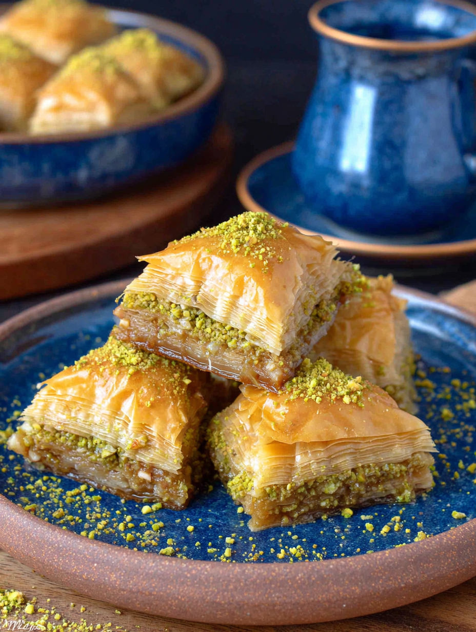 A plate of homemade pistachio baklava.