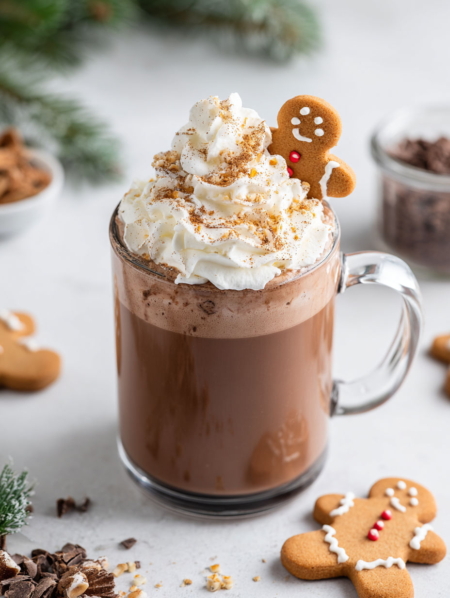A cup of hot chocolate with a gingerbread man on top.