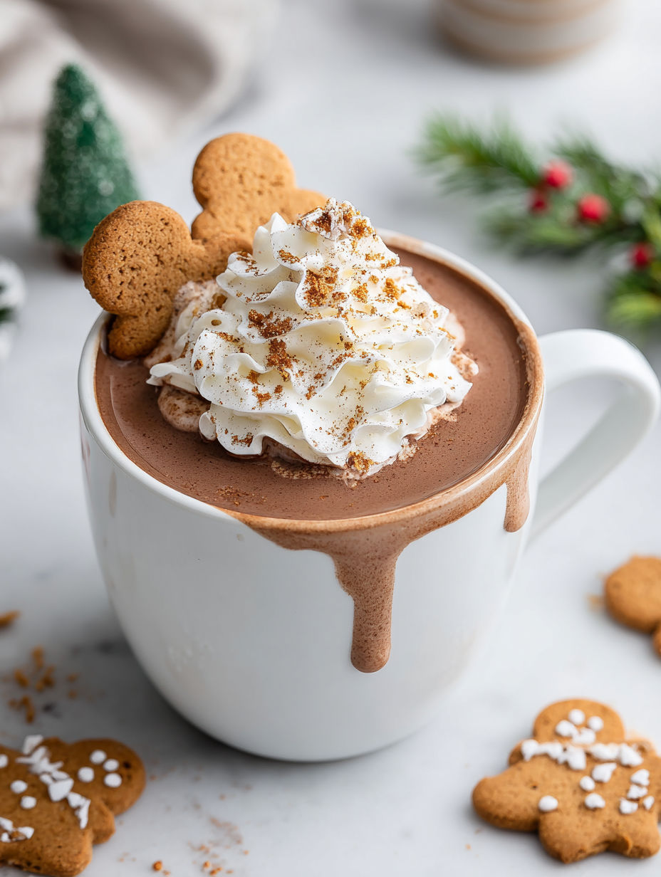 A cup of hot chocolate with whipped cream and gingerbread cookies on top.
