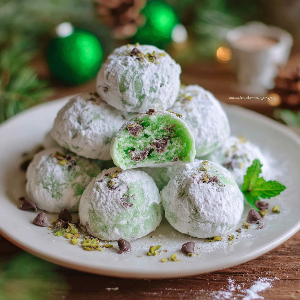 A plate of mint chocolate snowball cookies.