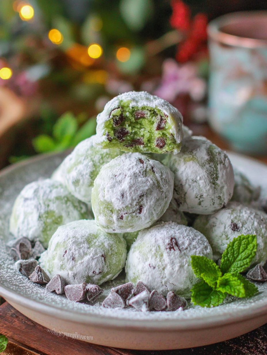 A stack of mint chocolate snowball cookies.