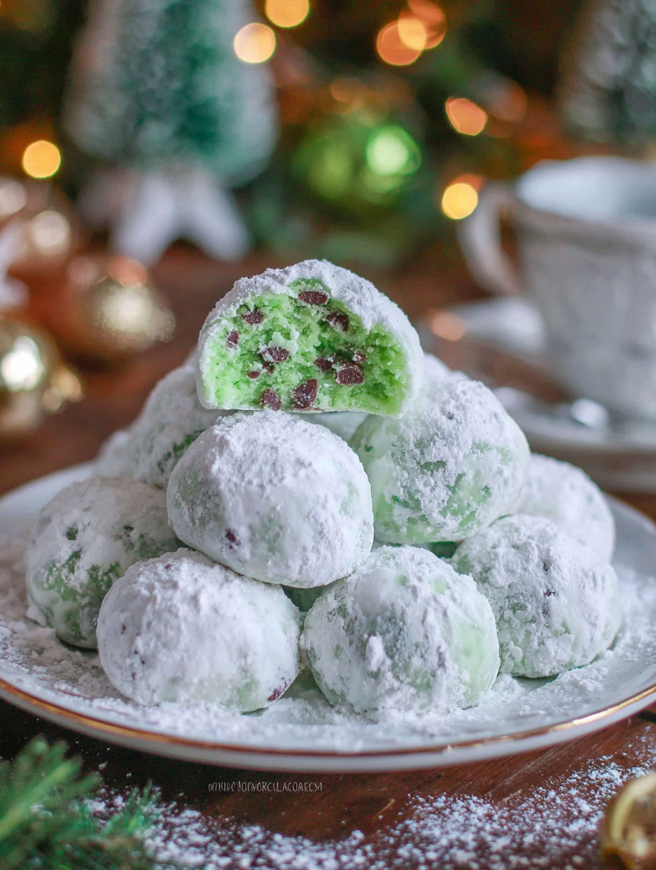 A plate of mint chocolate snowball cookies.