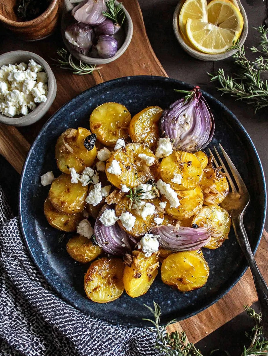 A plate of crispy smashed potatoes with feta cheese on top.