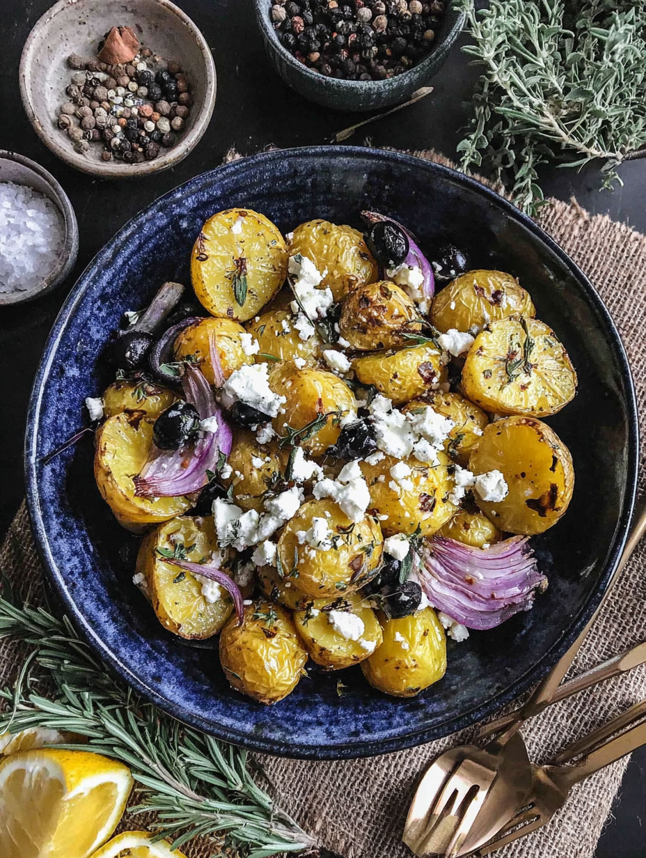 A bowl of crispy smashed potatoes with feta cheese.