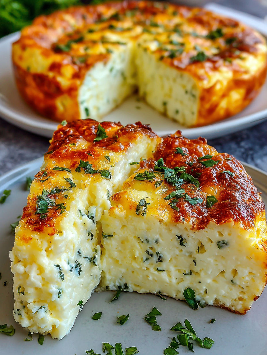 A slice of baked cottage cheese eggs on a plate.