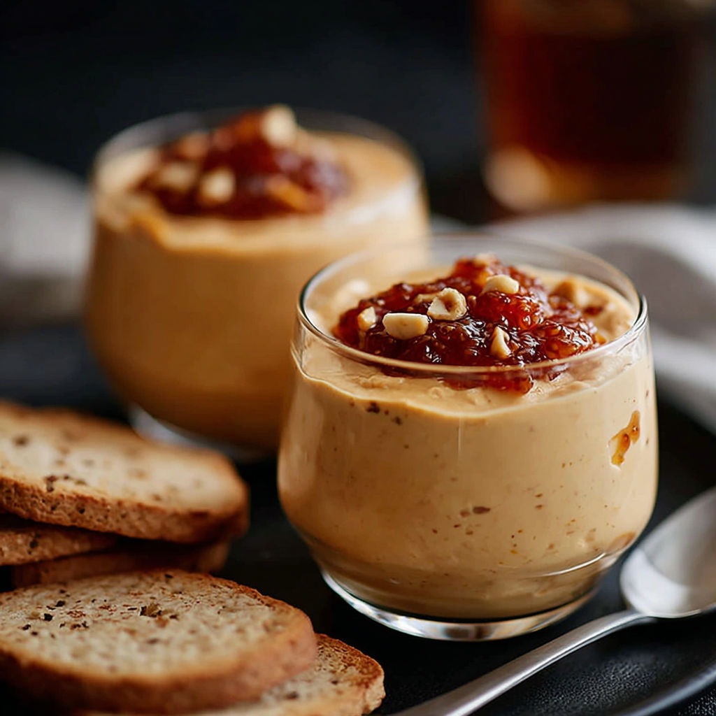 A small glass of food with a spoon in it.