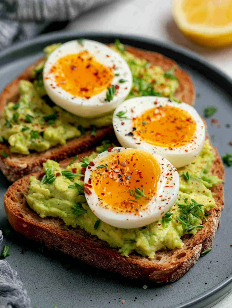 Toast with eggs and avocado.