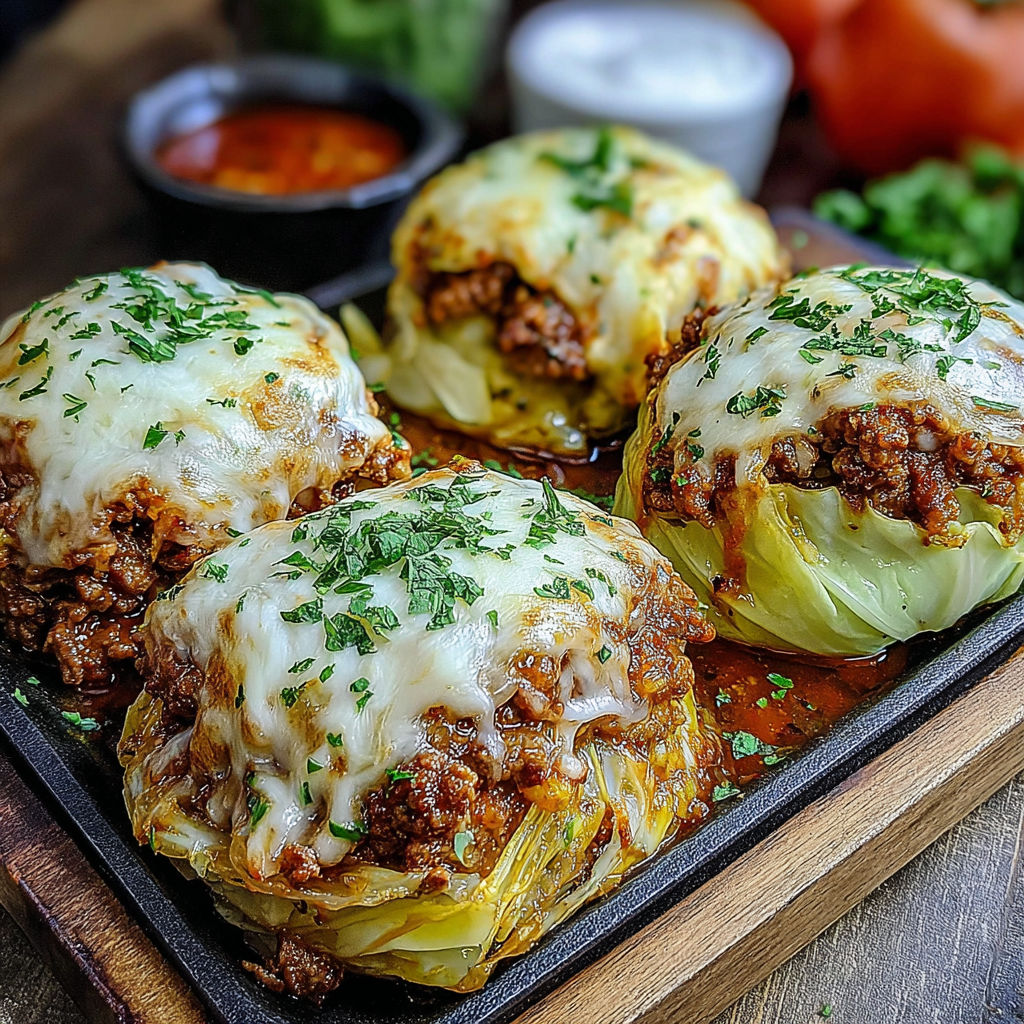Oven-baked cabbage rolls with tomato sauce.