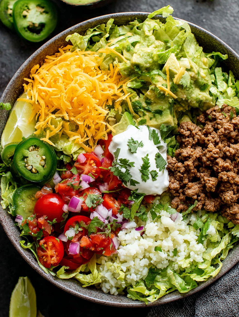 A bowl of food with a variety of ingredients including meat, cheese, and vegetables.