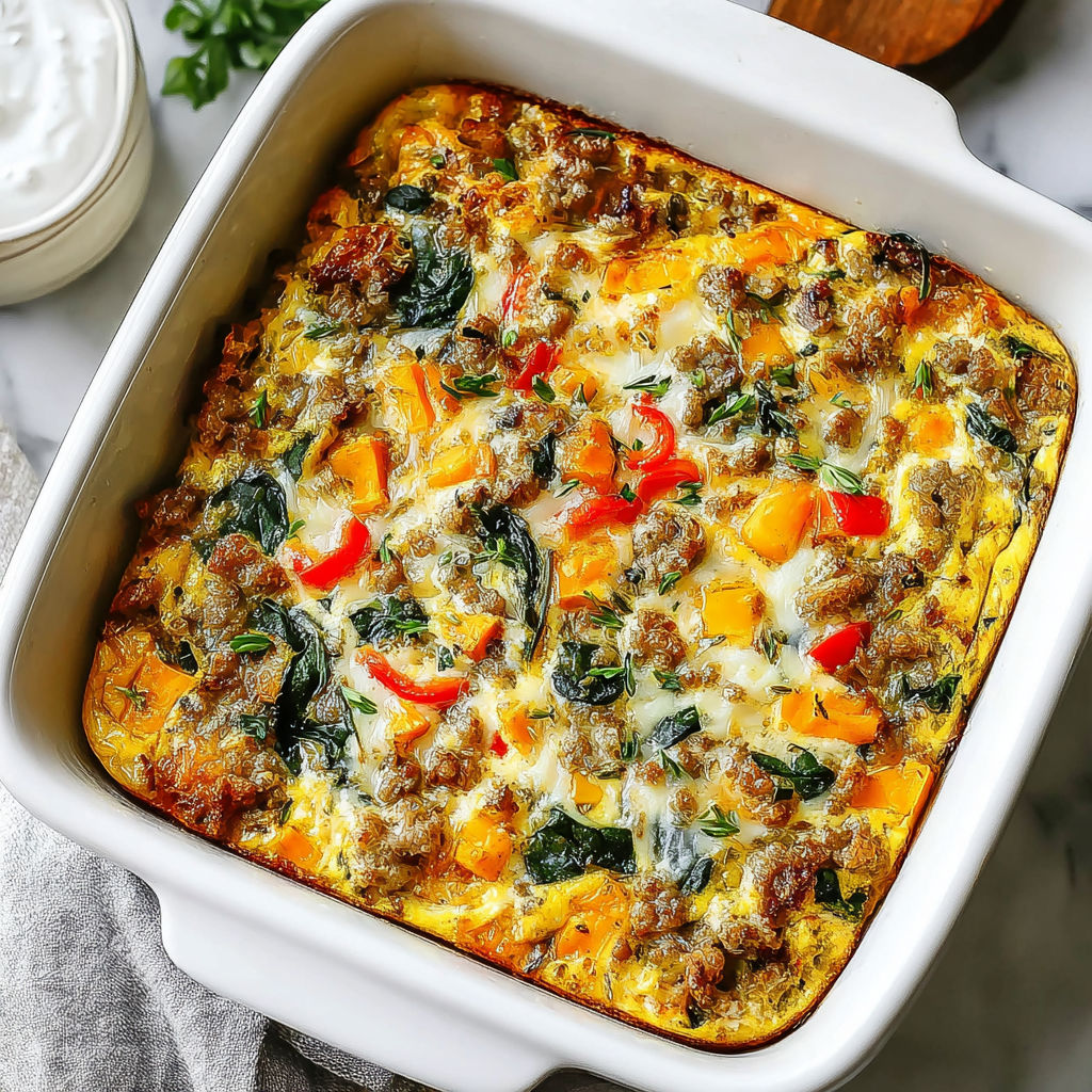 A white dish with a breakfast casserole in it.