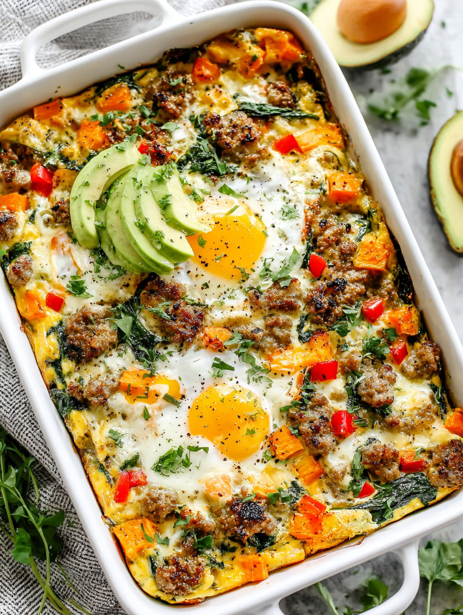 A breakfast casserole with sweet potatoes, avocado, and eggs.