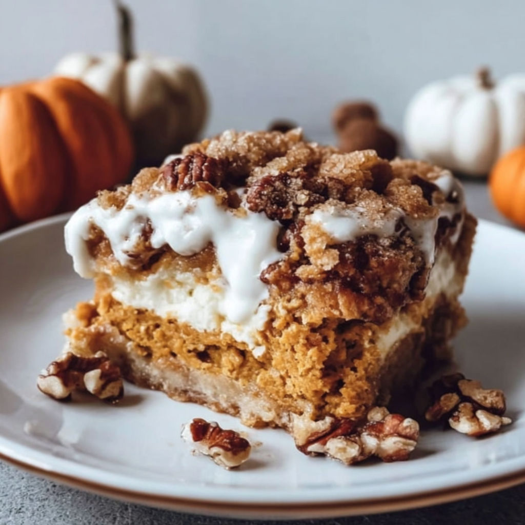 A slice of pumpkin dump cake on a plate.