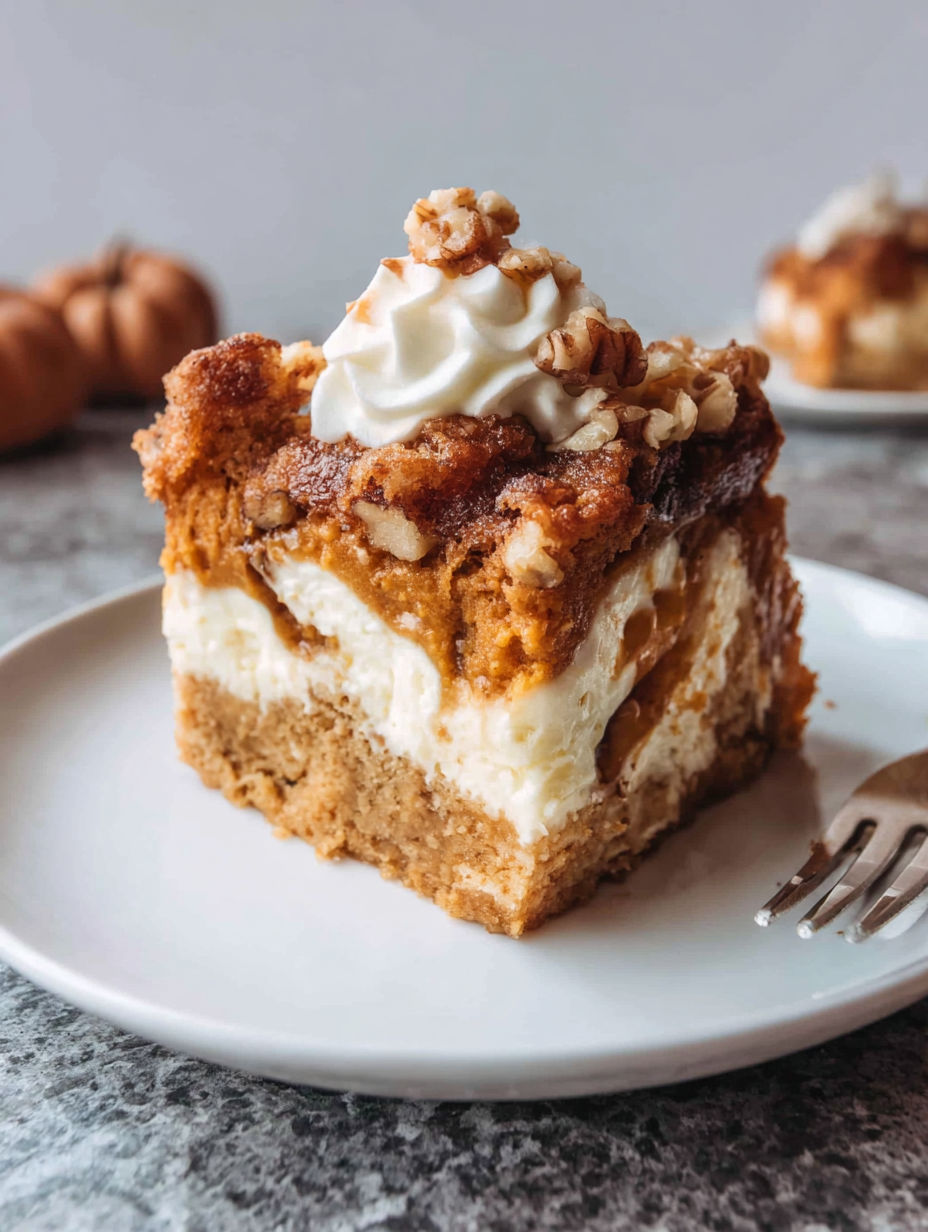 A slice of pumpkin cake with whipped cream on top.