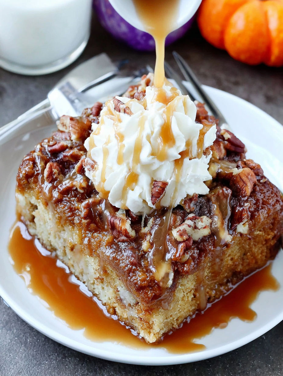 A slice of Easy Pumpkin Caramel Bourbon Cake.