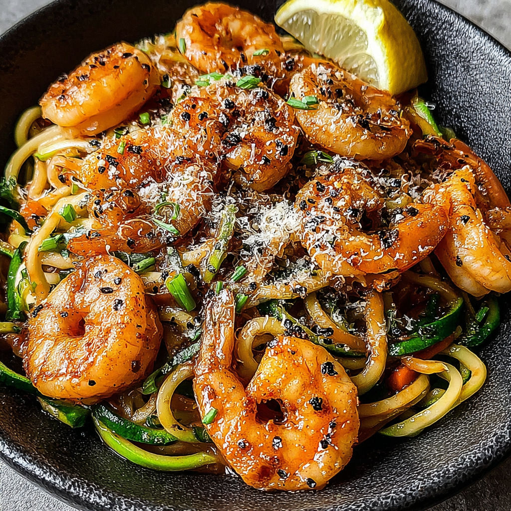 A bowl of shrimp scampi zoodles with a lemon wedge.