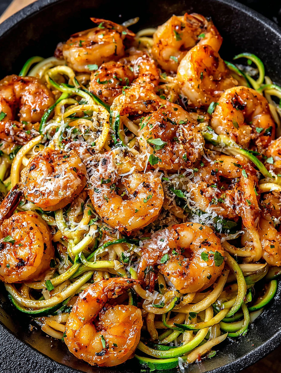 A dish of shrimp scampi zoodles.