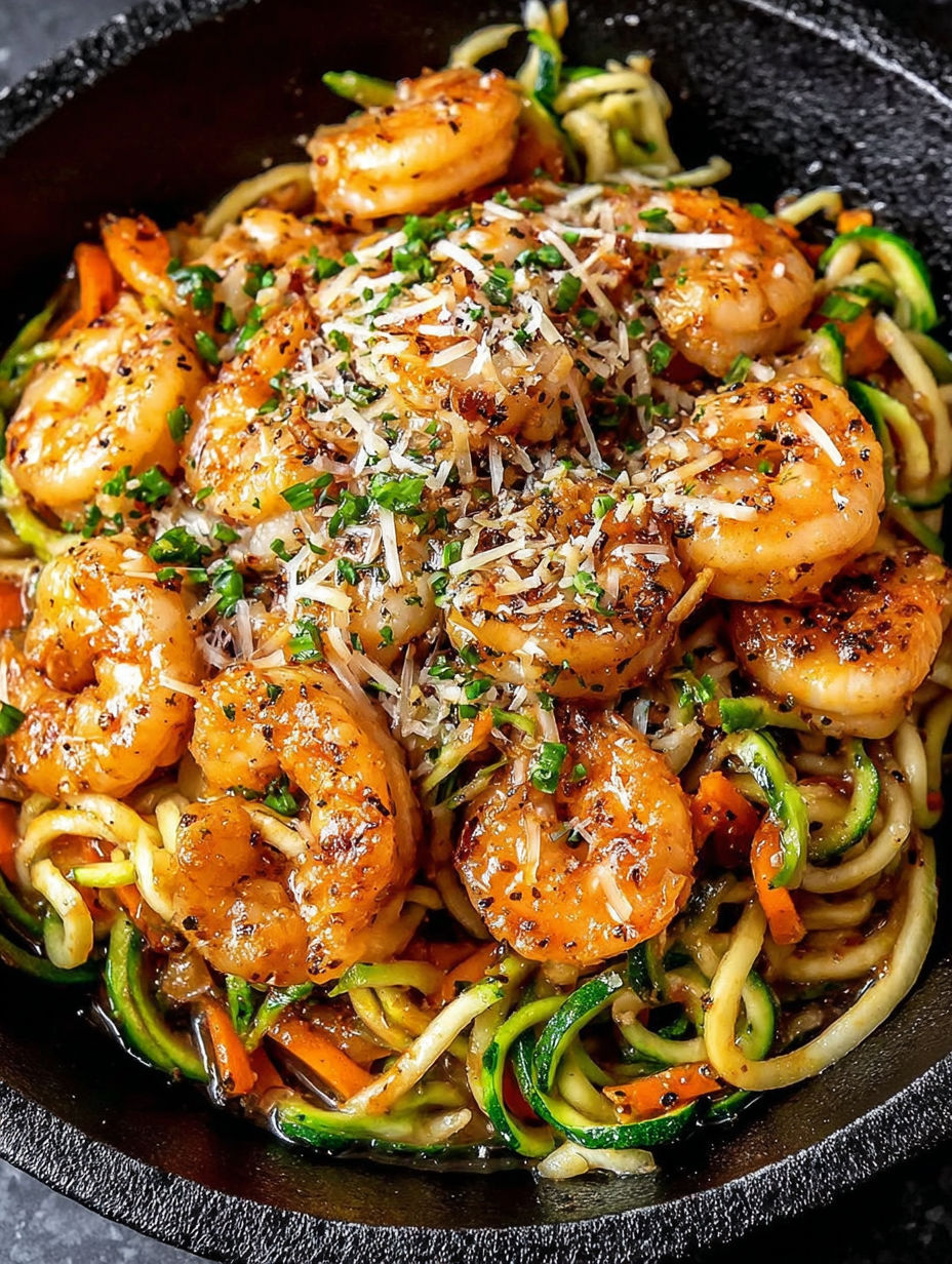 A dish of shrimp scampi zoodles with cheese and herbs.