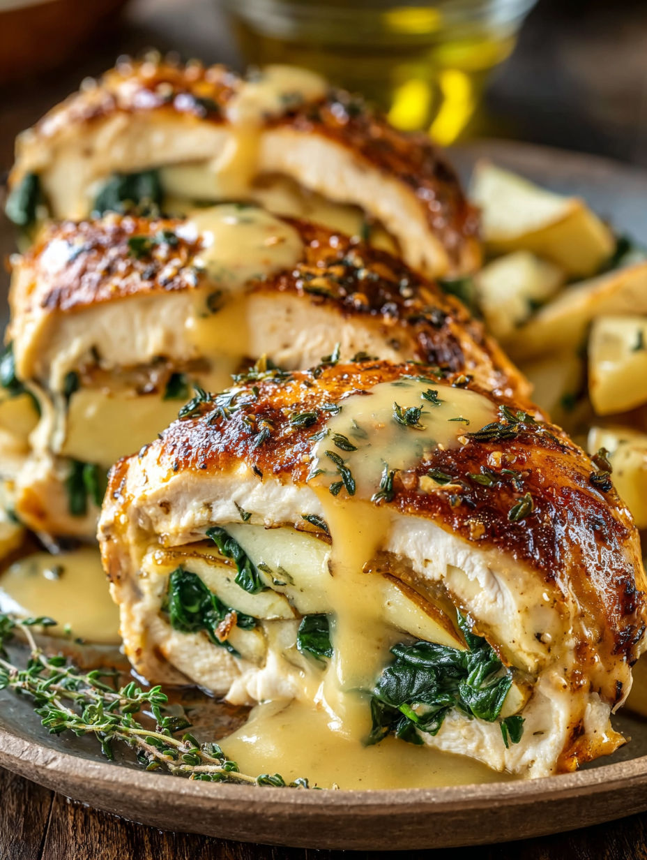 A plate of chicken with cheese and herbs on it.