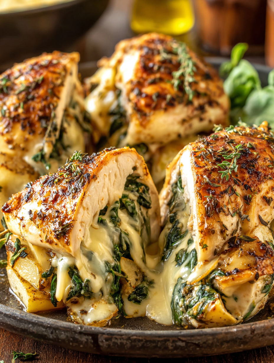 A piece of chicken with a green topping.