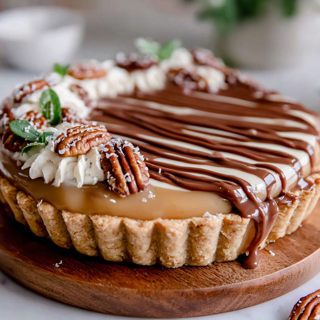 A slice of a chocolate and walnut tart.