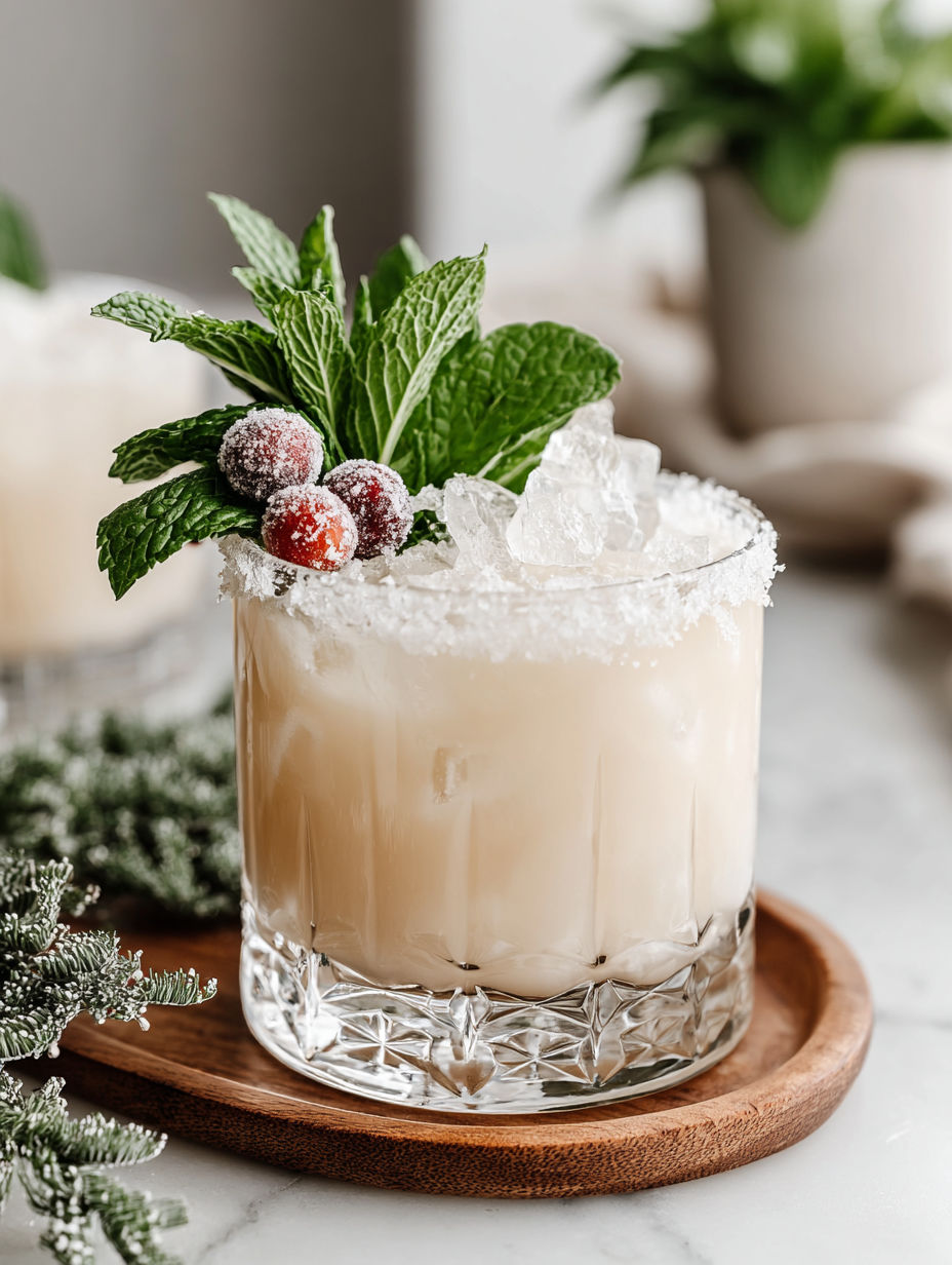 A glass of Christmas Mojito with mint and fruit.