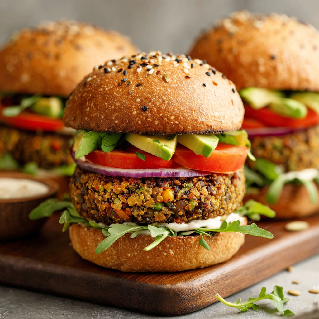 Two vegan burgers with lettuce, tomato, and avocado.
