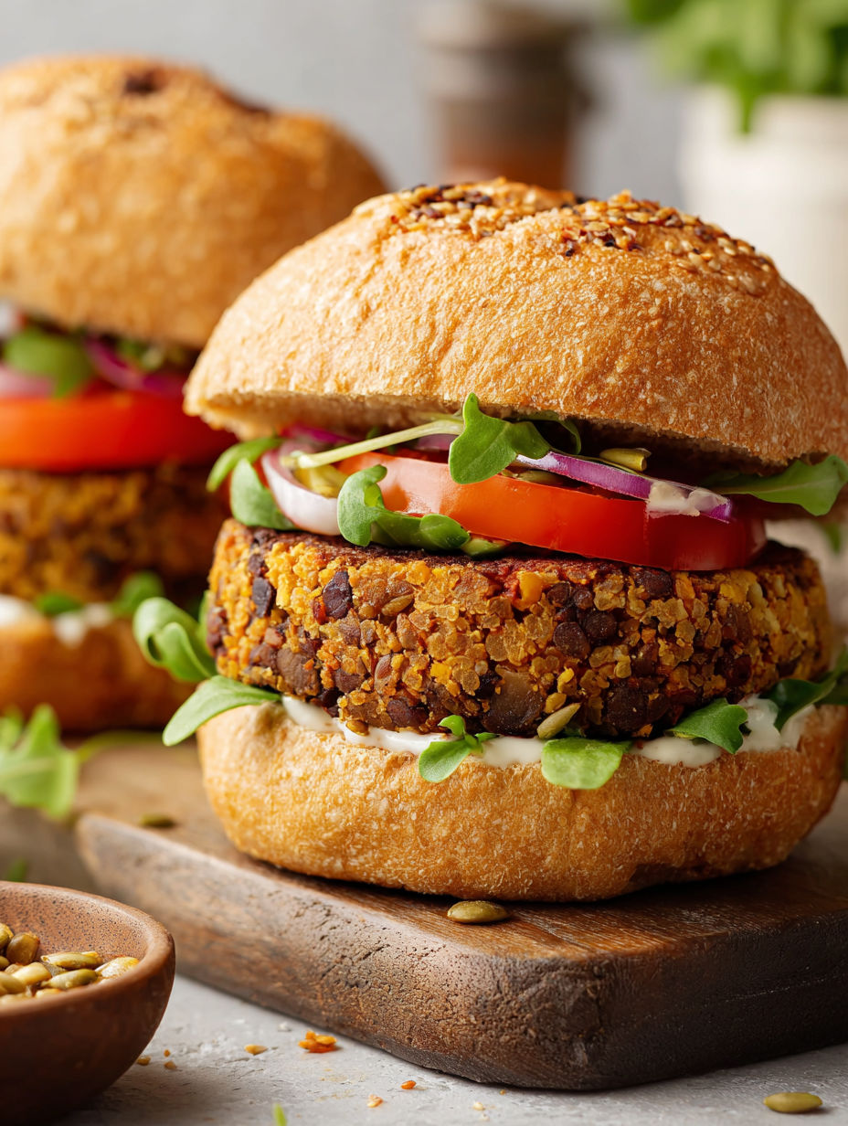 A vegan burger with lettuce, tomato, and a bun.