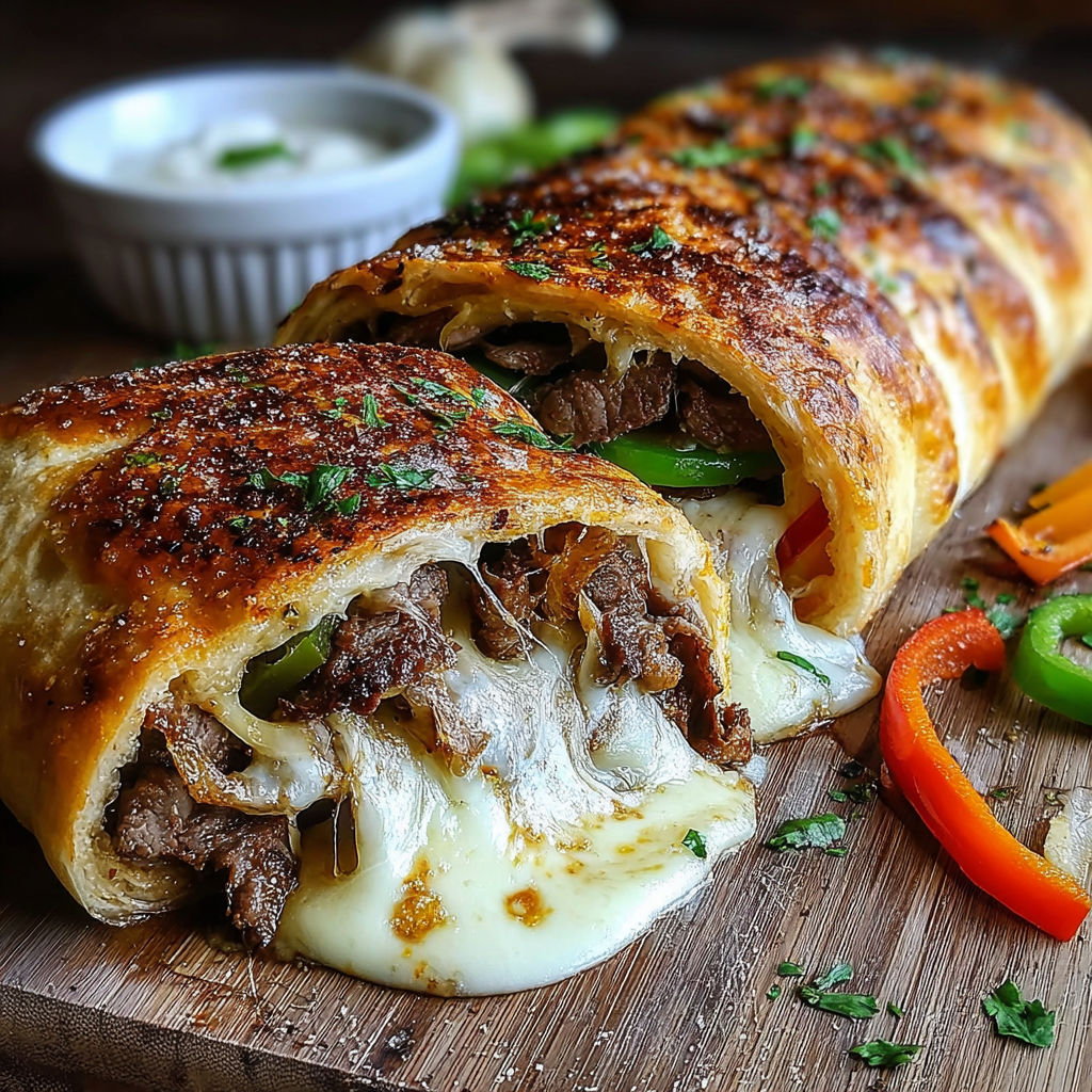 A Philly cheesesteak stromboli with melted cheese.