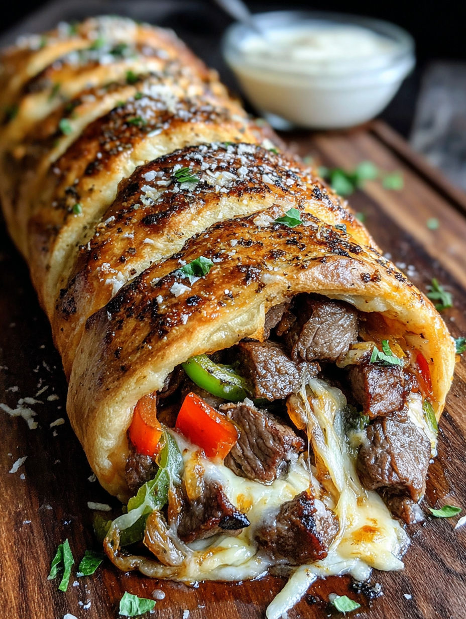 A Philly cheesesteak stromboli with peppers and onions.