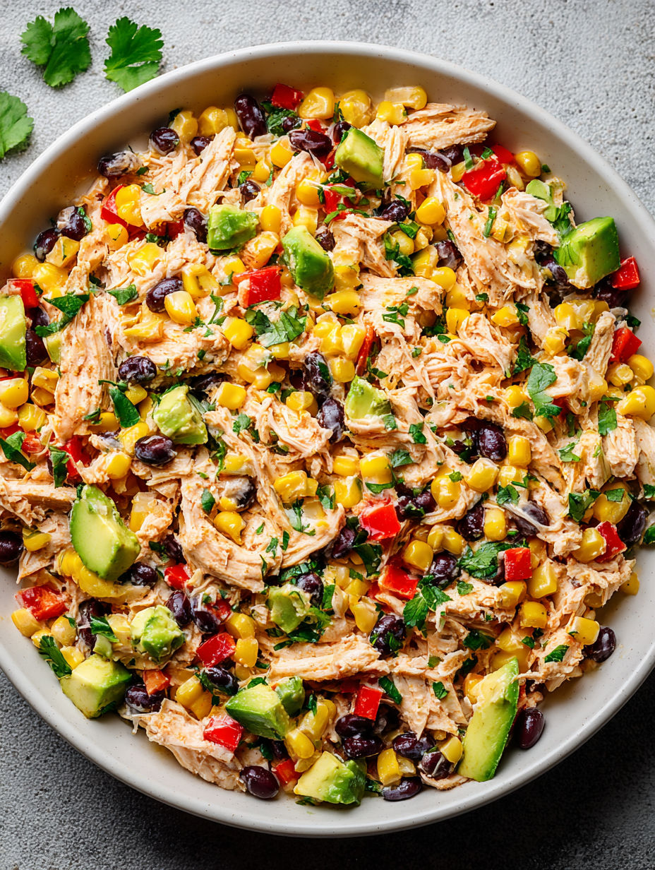 A bowl of chicken salad with corn, beans, and avocado.