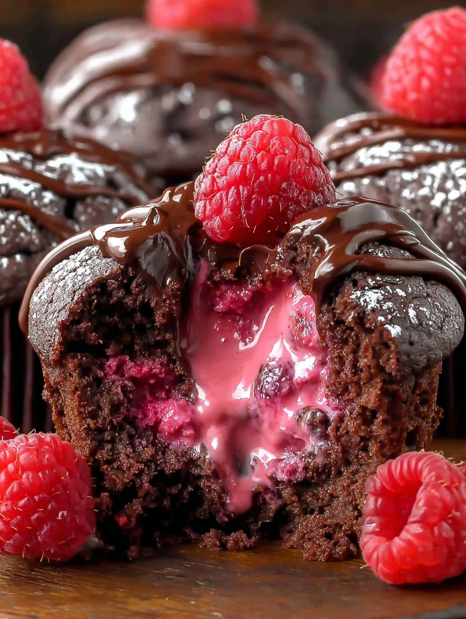 A close up of a chocolate cupcake with a raspberry on top.