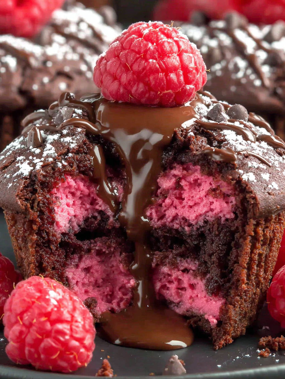 A chocolate cupcake with raspberry lava on top.