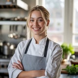 A woman in a chef's outfit smiles for the camera.
