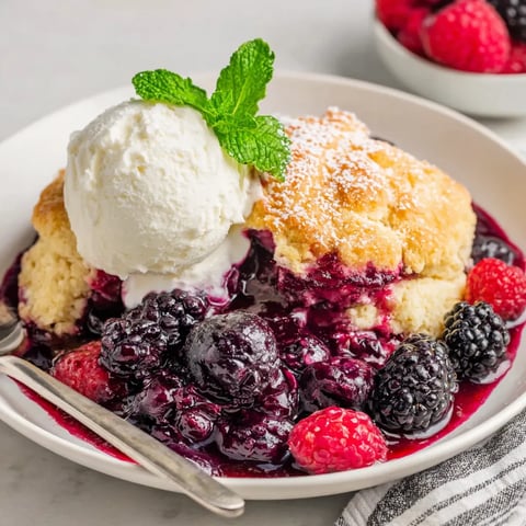 A bowl of berry cobbler with a scoop of ice cream on top.