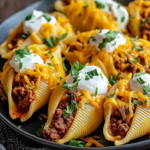 A plate of cheesy taco stuffed pasta shells.