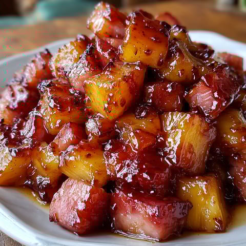 A plate of ham with brown sugar pineapple sauce.