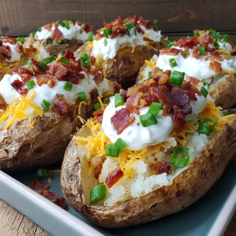 A plate of loaded baked potatoes with bacon and cheddar cheese.
