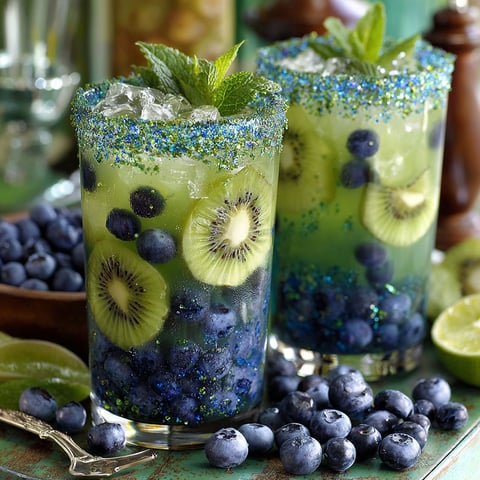 Two glasses of blueberry kiwi mojito cocktails.