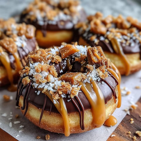 A chocolate caramel donut with nuts on top.