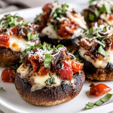 A plate of stuffed mushrooms with tomatoes and cheese.