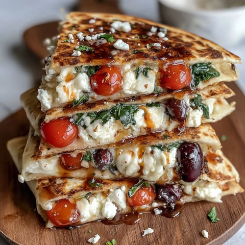 A stack of four quesadillas with tomatoes and feta cheese.